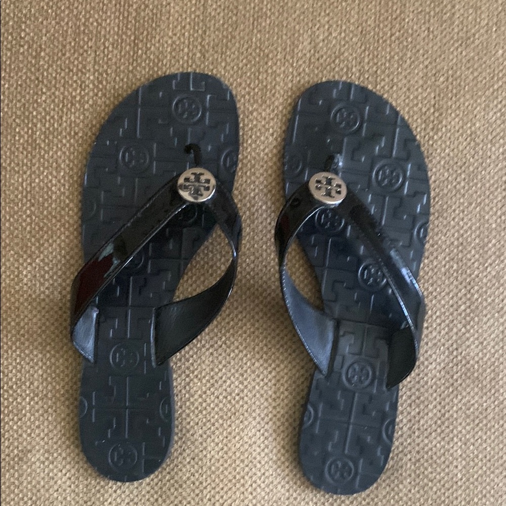 Tory Burch Black Sandals with Silver Logo, Size 8